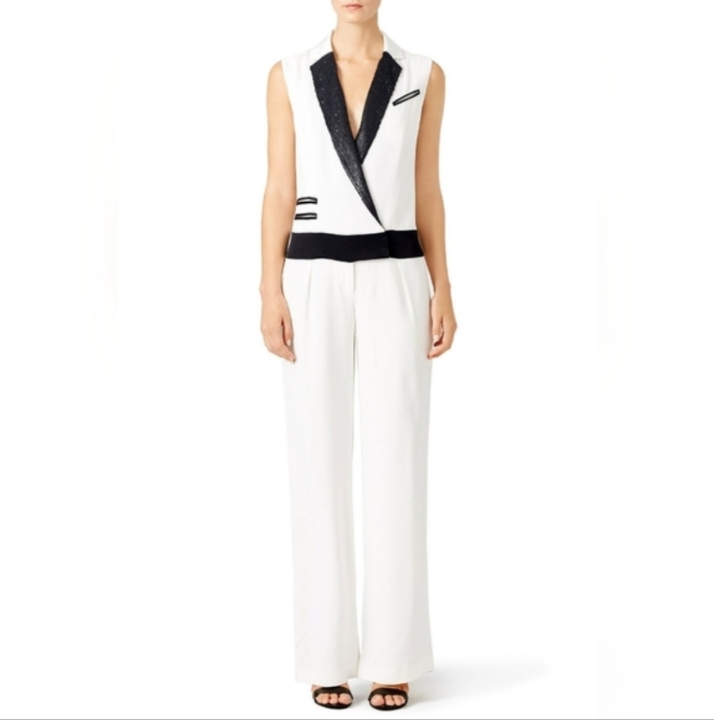 Rachel Zoe Size 4 Sleeveless White Jumpsuit with Black Sequin Trim NWT